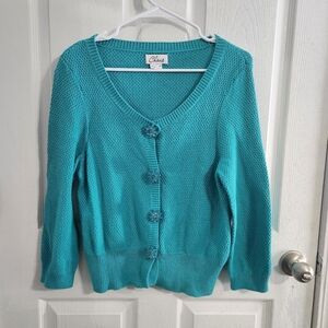 Vintage Chaus turquoise knit cotton cardigan regencycore floral feminine Medium